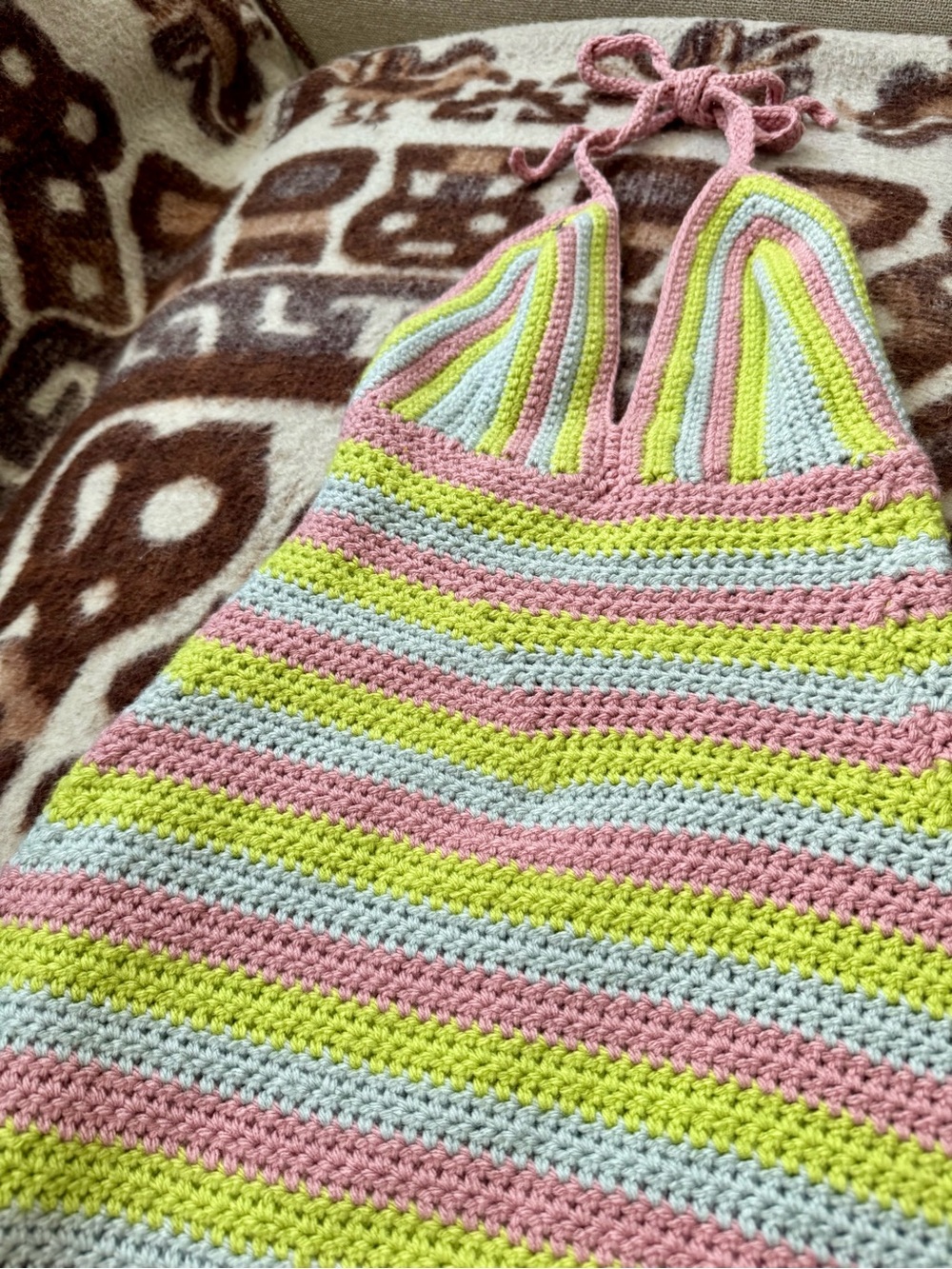 Crochet Halter Mini Dress One of a Kind, Handmade Pink, Mint & Lime Y2K